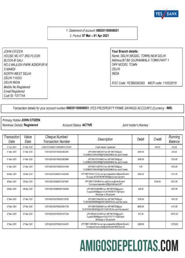 realista Índia Sim Extrato bancário modelo Word e PDF, 2 páginas